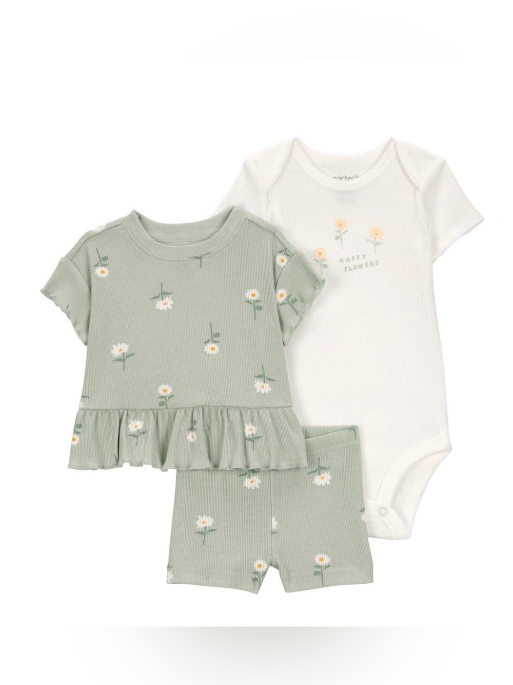 🌸 Baby Girl Daisy Print 3-Piece Set - Sage & White